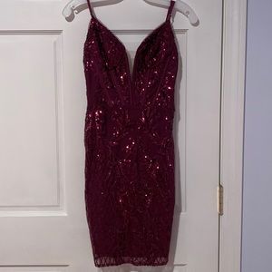 David’s Bridal Short Allover Sequin Illusion Plunge Dress